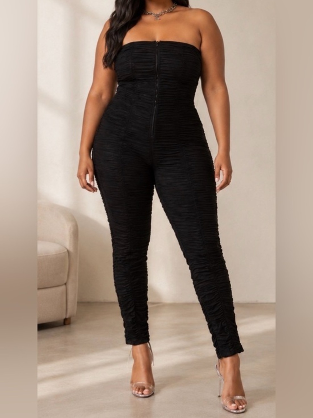 I.AM.GIA Ophelia Black Ruched Mesh Stretch Slim Glam Clubwear Strapless Jumpsuit